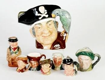 ROYAL DOULTON 'LONG JOHN SILVER' LARGE SIZE CHARACTER JUG, D6335; Royal Doulton 'Mr Pickwick' small TOBY JUG and SIX ROYAL DOULTON SMALL CHARACTER JUGS